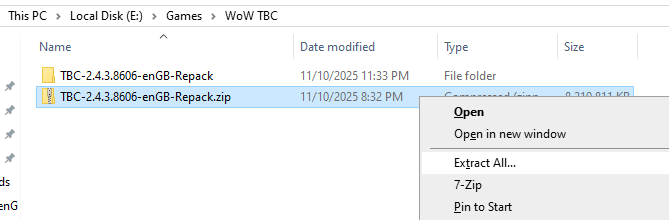 WoW TBC client download and extracted folder